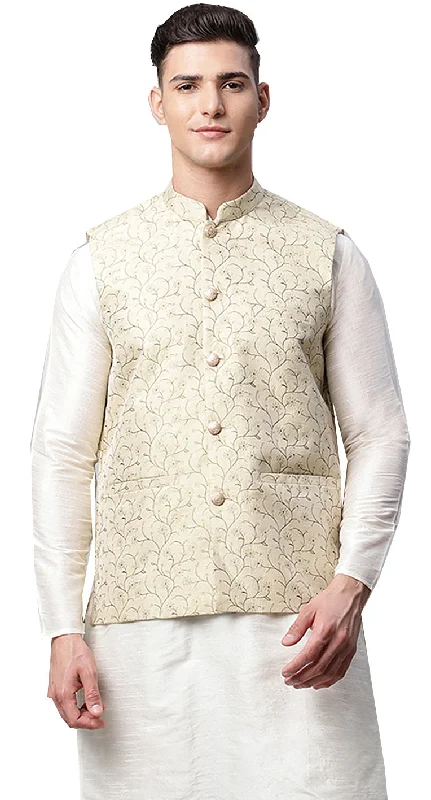 Floral Men's Embroidered Nehru Jackets from India (Gold)Field Jackets