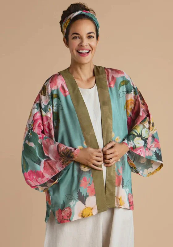 Powder Impressionist Floral Kimono Jacket, TealSequined Jackets