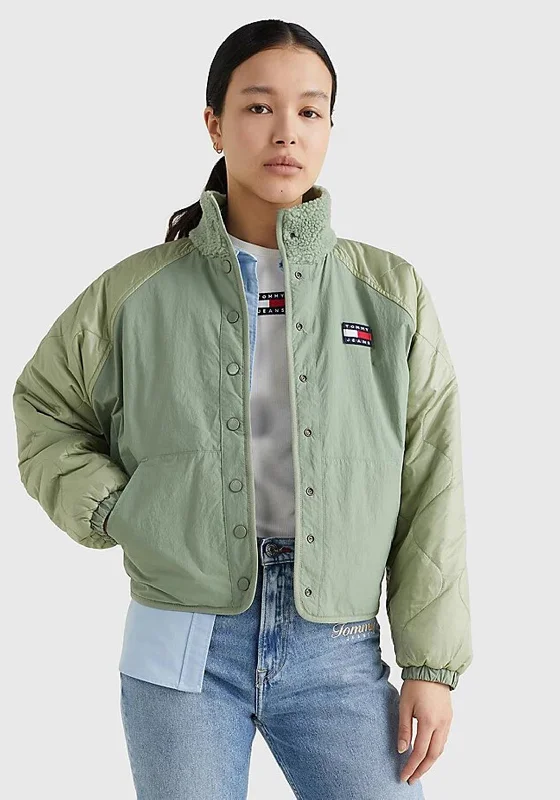 Tommy Jeans Womens Reversible Sherpa Jacket, Dusty SagePuffer Jackets