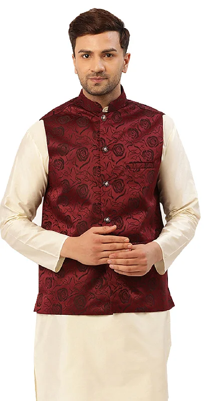 Traditional Indian Nehru Jacket for Men with Mandarin Collar - Floral Design (Maroon)Nylon Jackets