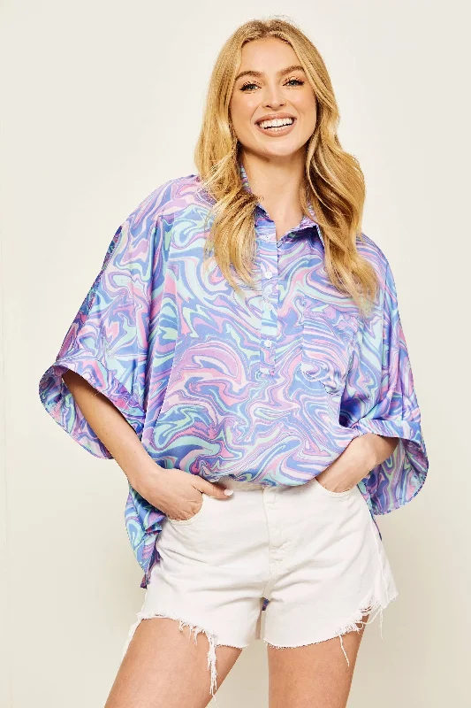 3/4 Sleeve Button Down Satin Blouse: BLUE MULTI COLOR