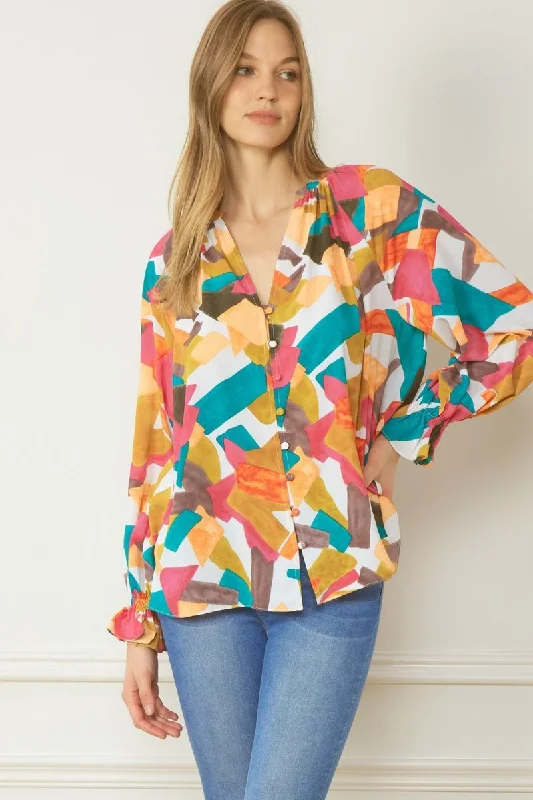 Abstract Button Down Blouse, Fuchsia MixSkateboard Shirts