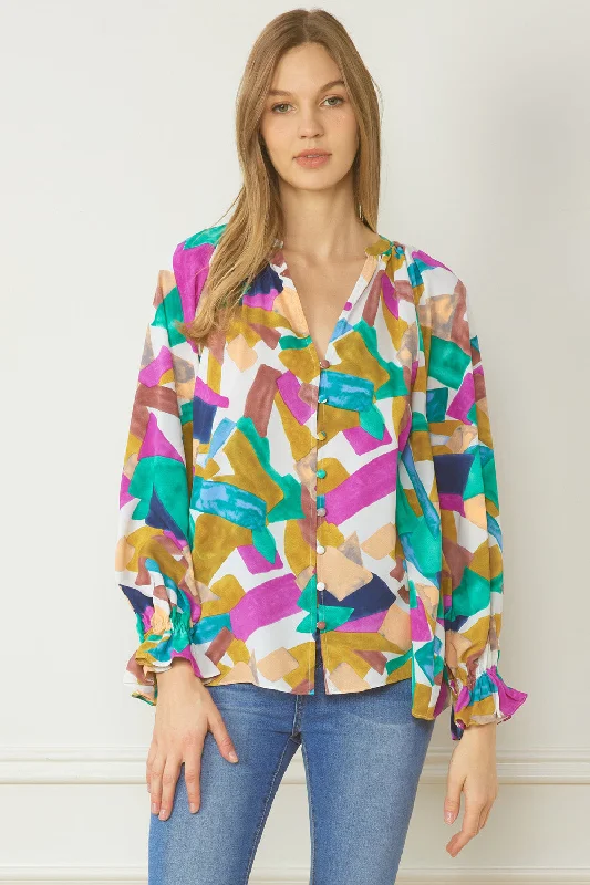 Abstract Button Down Blouse, Orchid MixHigh-Fashion Shirts