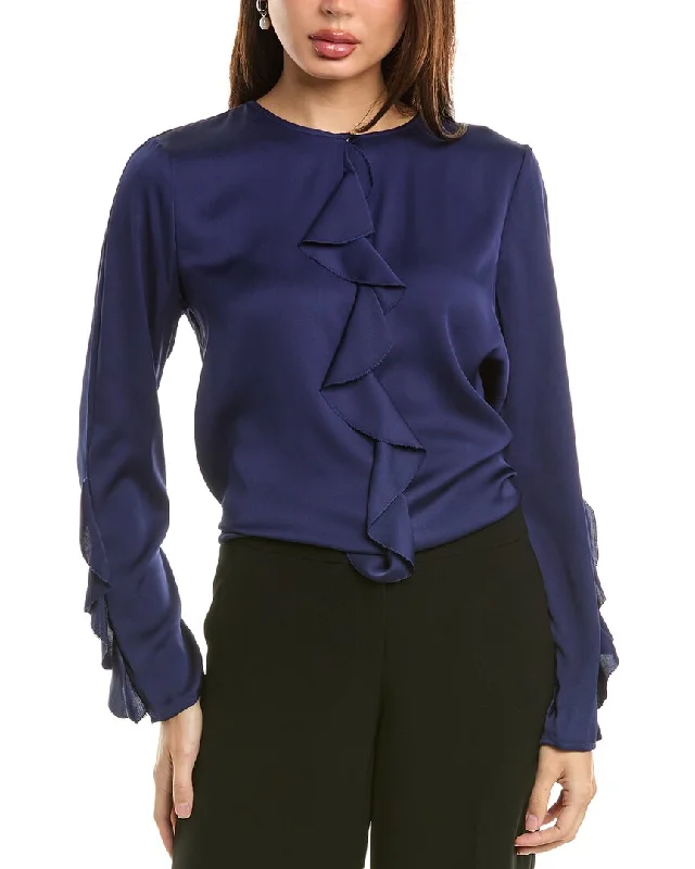 Elie Tahari Satin Ruffle Silk-Blend BlouseAsymmetrical Shirts