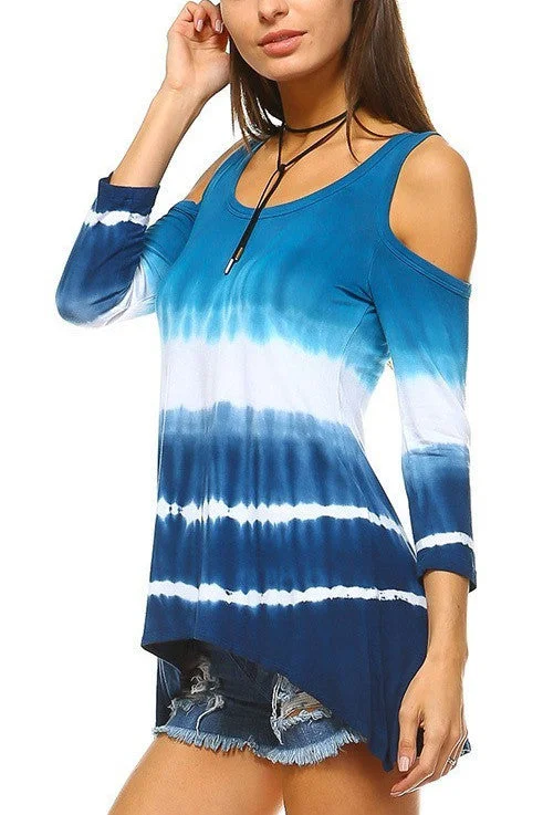 Blue & White Tie-Dye 3/4 Sleeve Cold Shoulder Top