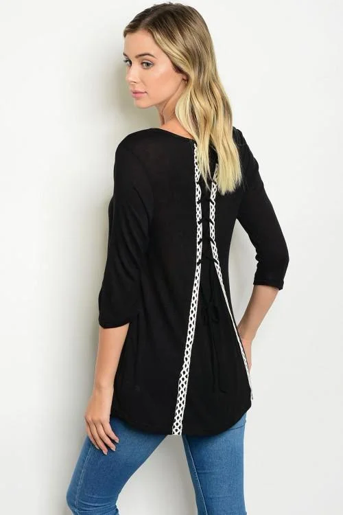 Black 3/4 Sleeve Back Lace Up Detail Scoop Neck Top