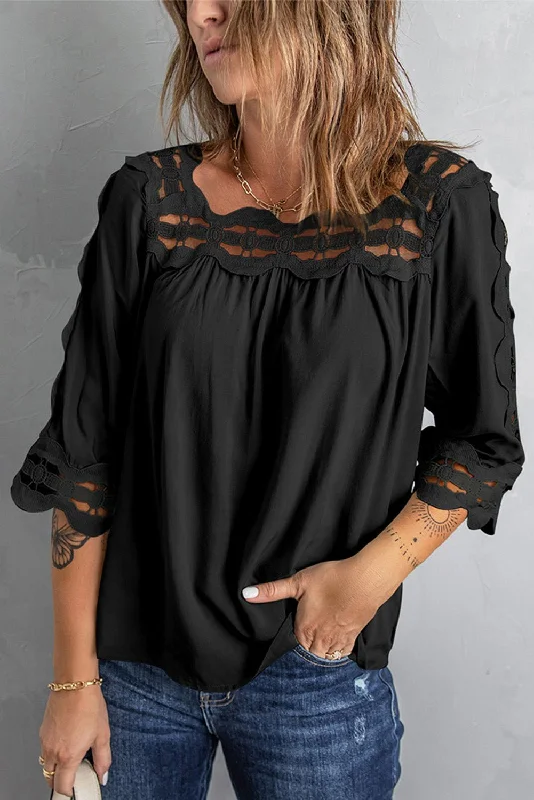 Danika Crochet Openwork 3/4 Sleeve Blouse Black XL