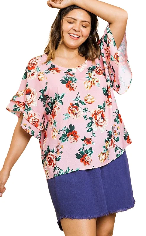 Floral Ruffle Sleeve Blouse, BlushBeaded Shirts