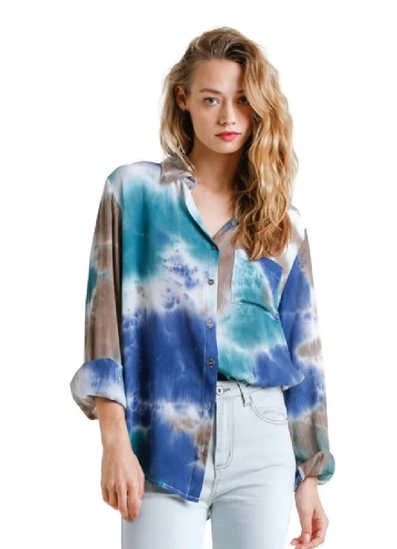 Hidden Gem Tie Dye Blouse, Green BrownTasseled Shirts