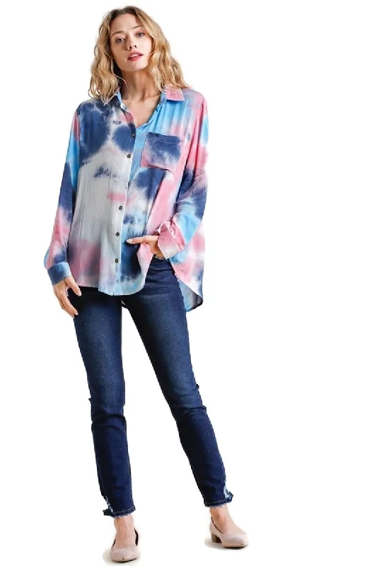 Hidden Gem Tie Dye Blouse, Navy PinkPainted Shirts