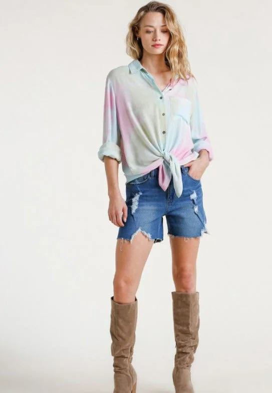 Hidden Gem Tie Dye Blouse, Pink SkyGlitter Shirts