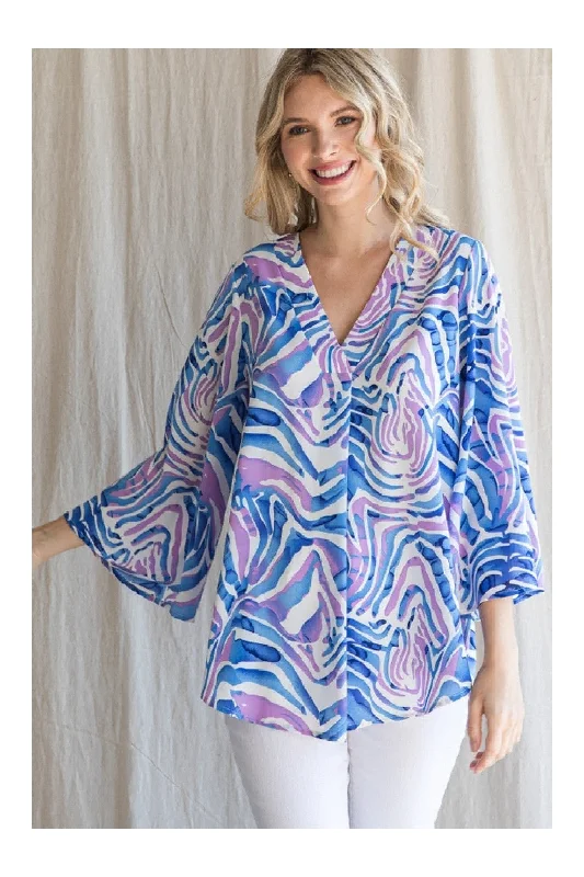 Jodifl Blue Swirl Print Blouse With Three Quarter Waterfall SleevesDenim Shirts