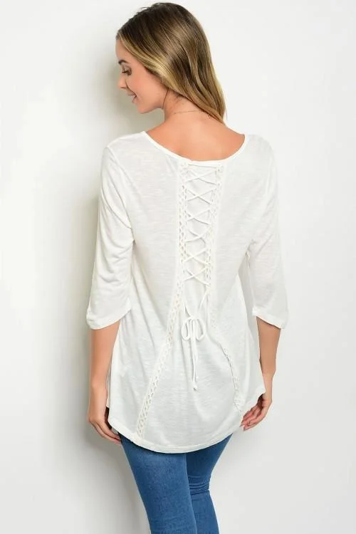 Off White 3/4 Sleeve Back Lace Up Detail Scoop Neck Top