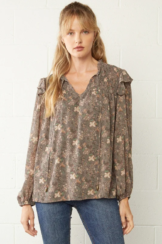 Ruffle & Floral Blouse, CharcoalSports Team Shirts