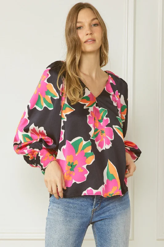 Satin Floral Blouse, Black MixThermal Shirts