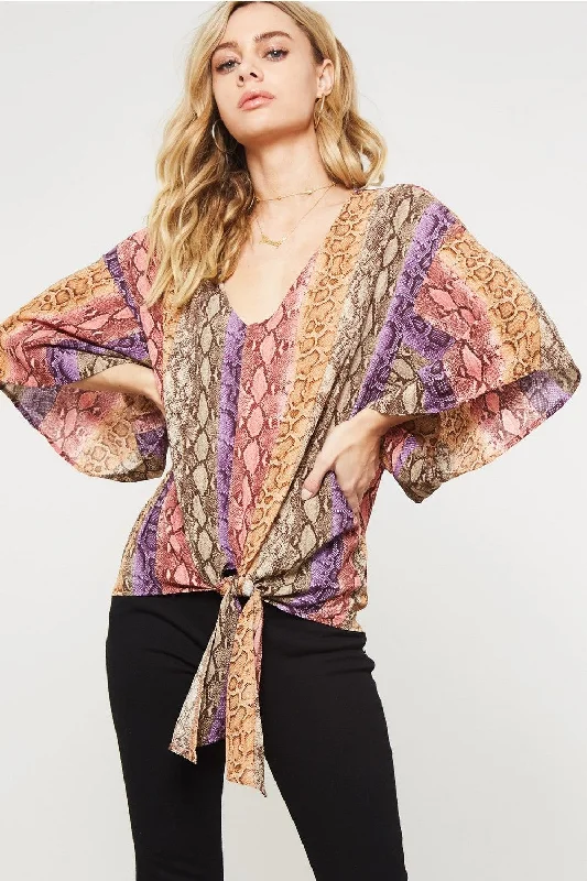 Snake Skin Kimono Blouse, Purple-Dusty RoseSheer Shirts