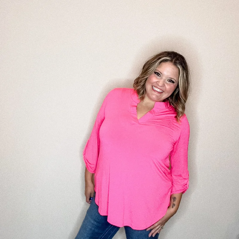 "Solid Ground"  Lizzy 3/4 Sleeve Split Neck (Hot Pink)