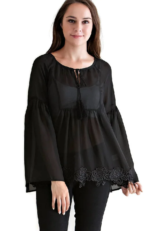 Tassel Tie Babydoll Blouse, BlackStatement Shirts