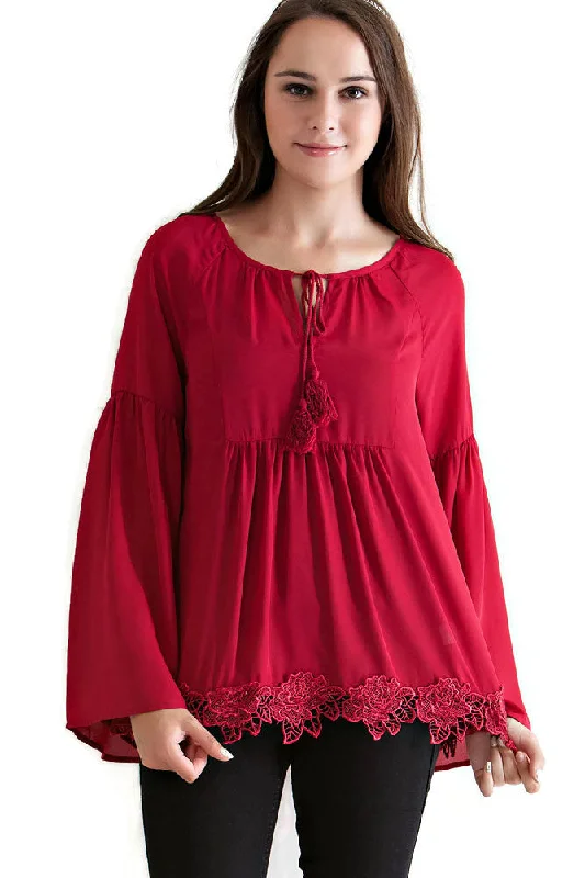 Tassel Tie Babydoll Blouse, RedFestival Shirts