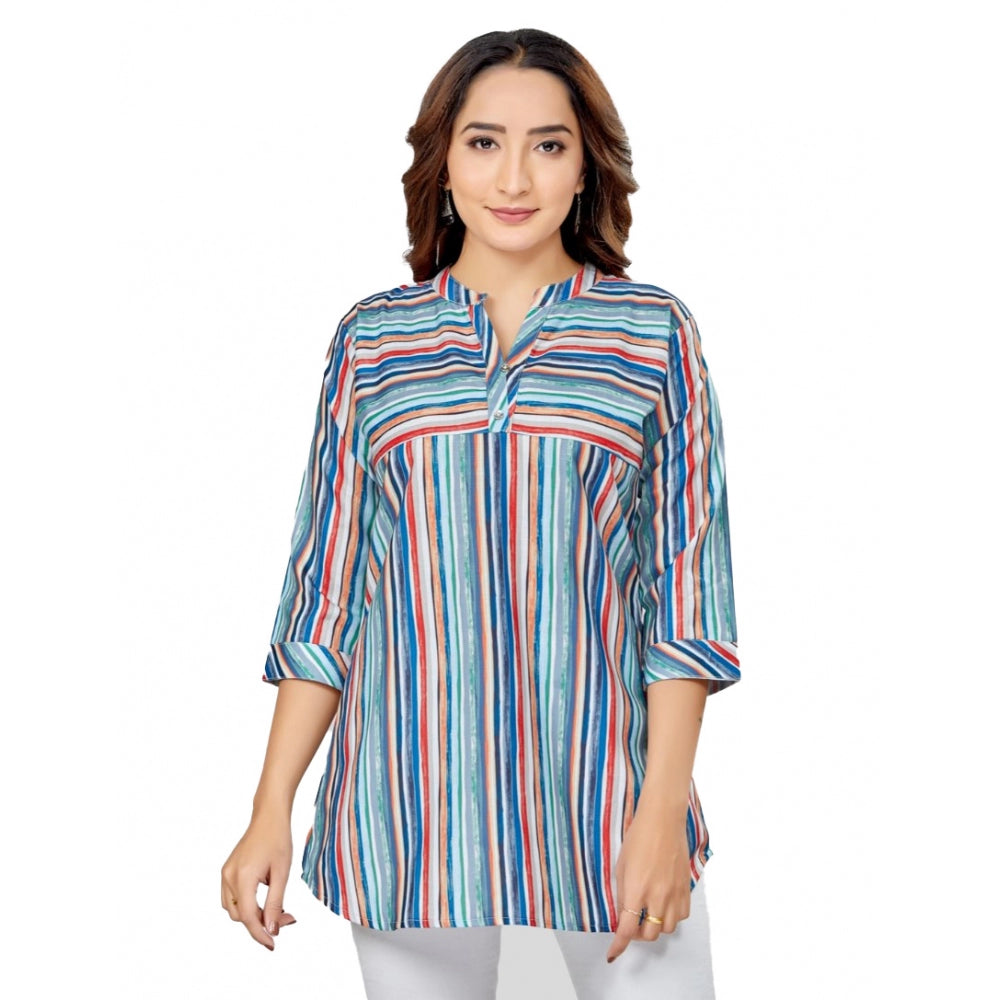 Generic Women's Cotton Blend Mandarin Collar 3/4 Sleeves Short Top (Multicolor)