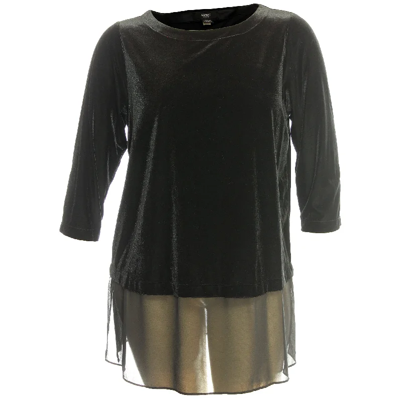 Alfani Black 3/4 Sleeve Velvet Top w/ Chiffon Hemline