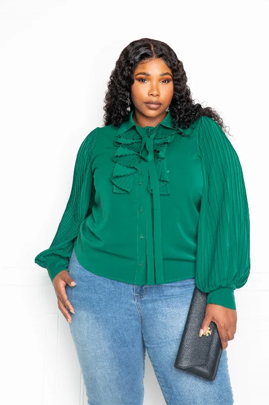 Pleated Sleeve Blouse With Waterfall Frill And BowBamboo Shirts