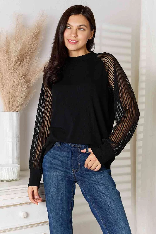 Black Round Neck Raglan Sheer Sleeve BlouseOutdoor Shirts