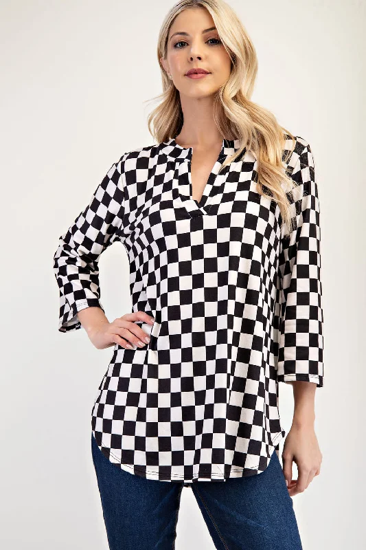 Celeste Full Size Curved Hem Checkered Notched BlouseOrganic Cotton Shirts