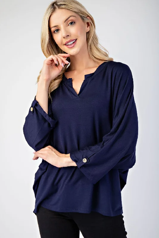 Celeste Full Size Notched Three-Quarter Sleeve BlouseLounge Shirts