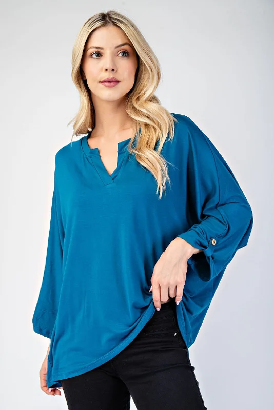 Celeste Full Size Notched Three-Quarter Sleeve BlouseTravel Shirts