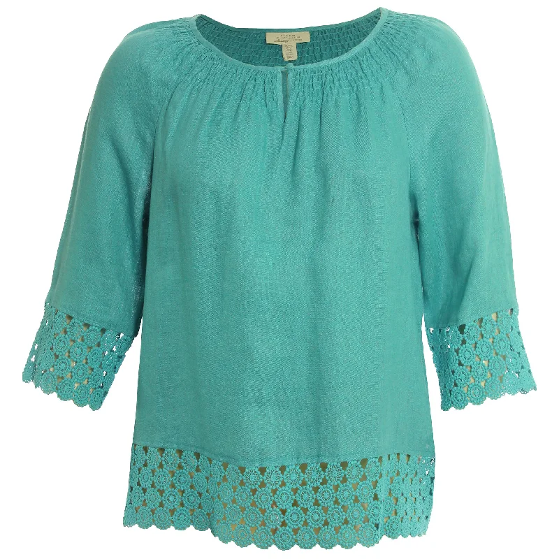 Charter Club Turquoise Blue 3/4 Sleeve Crochet Trim Blouse