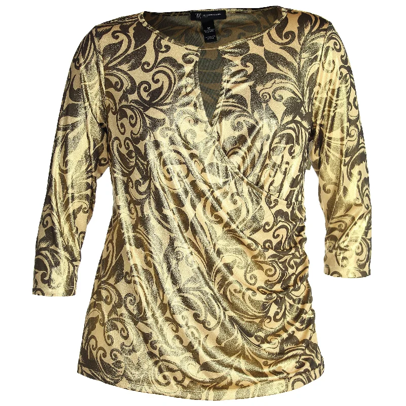 INC Metallic Gold Print 3/4 Sleeve Surplice Top