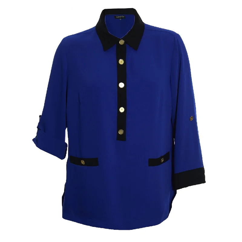 Jones New York Blue & Black 3/4 Sleeve Button Front Blouse Top