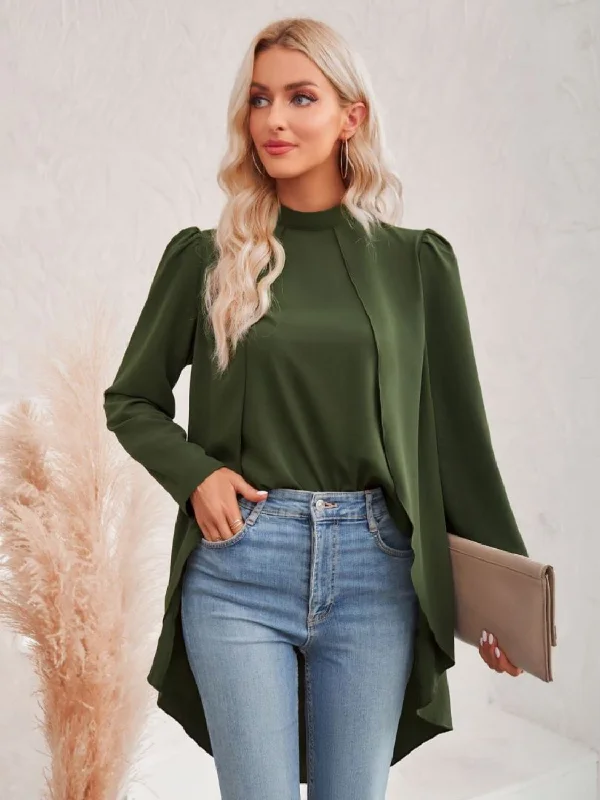 Long Puff Sleeve High-Low BlouseLongline Shirts