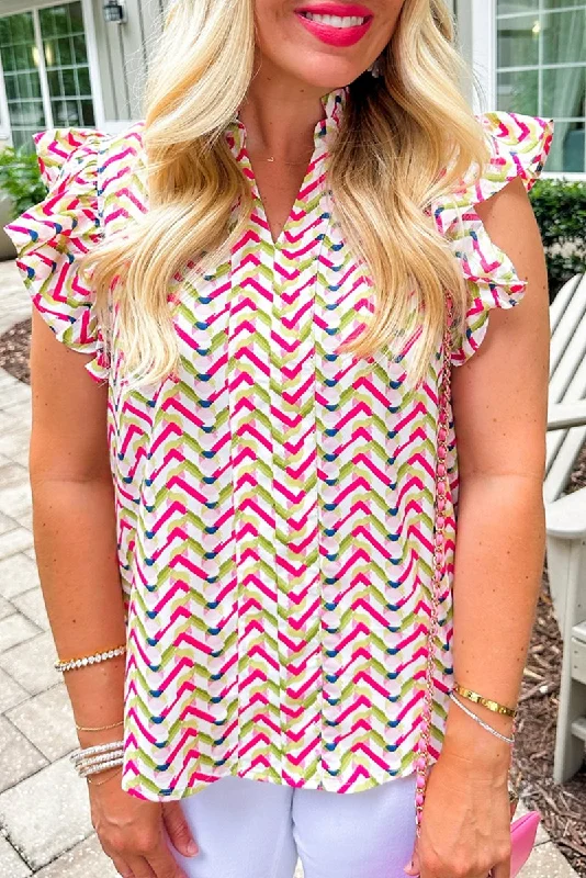 Chevron Ruffled Multicolor Fuchsia BlouseQuick-Dry Shirts