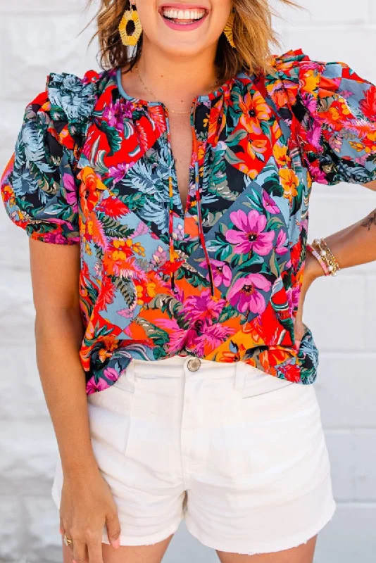 Red Ruffled Multicolor Floral BlouseFitted Shirts