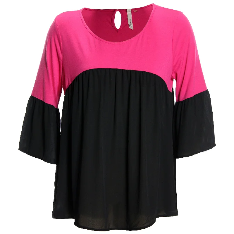 NY Collection Pink/Black Color Block 3/4 Bell Sleeve BlouseTunic Shirts