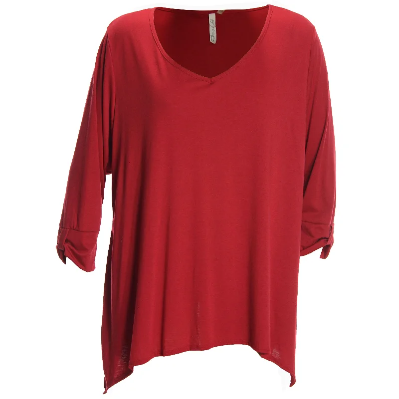 NY Collection Red 3/4 Sleeve Shark Bite Hem Top