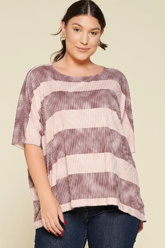 Stripe Printed Pleated Blouse Featuring A Boat Neckline And 1/2 SleevesLayered Shirts