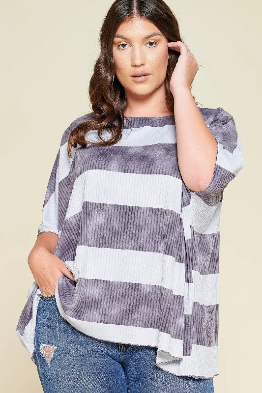 Stripe Printed Pleated Blouse Featuring A Boat Neckline And 1/2 SleevesStriped Shirts