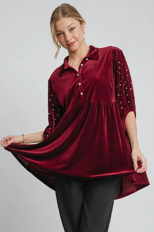 Pearl Detail Collared Neck Velvet Babydoll BlouseVelvet Shirts