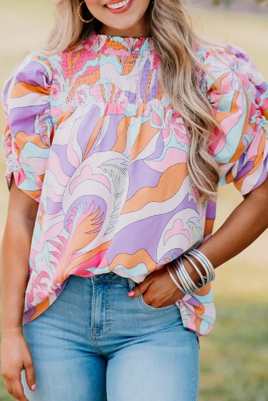 Lilac Abstract Bubble Sleeve BlouseSheer Shirts