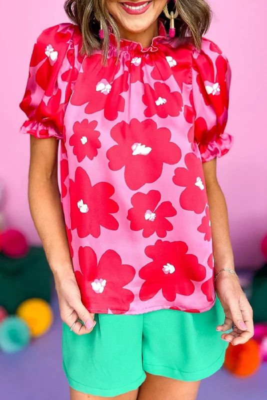 Rose Floral Puff Sleeve Pink BlouseRelaxed Fit Shirts