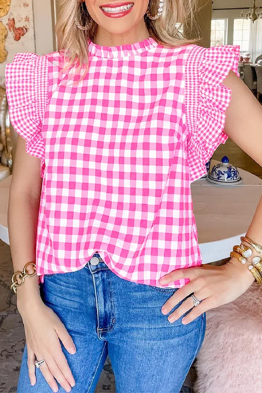 Pink Sassy Checkered Ruffled BlouseOversized Shirts