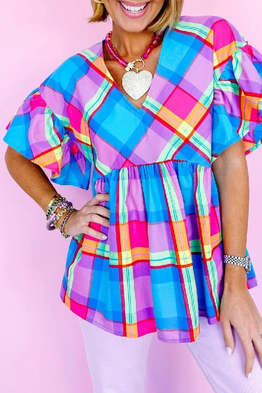 Misty Blue Plaid Multicolor Ruffled BlouseButton-Down Shirts