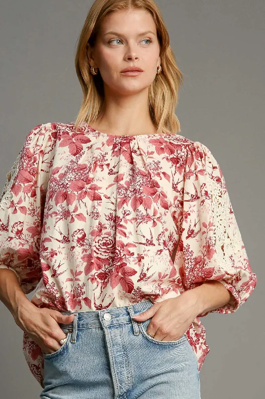 Umgee Floral Pleated Detail Lace Trim Sleeve BlousePolyester Shirts