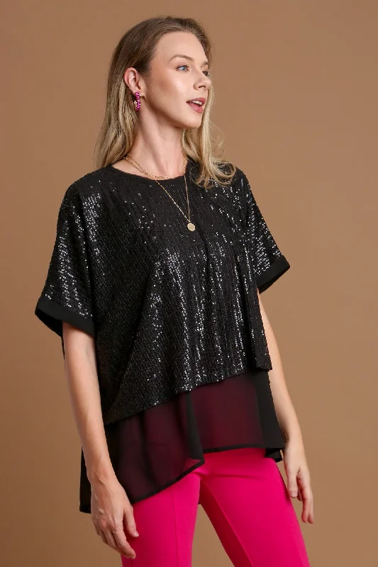 Umgee Sequin Half Sleeve Layered BlouseRayon Shirts