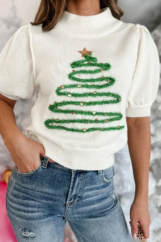 Christmas Tree Tinsel Graphic Puff Sweater BlouseBand Merch Shirts