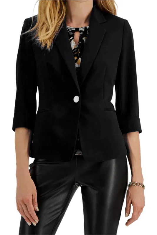 Kasper Notched Collar 3/4 Sleeve One Button Closure Shoulder Pads Welt Pockets Crepe Jacket