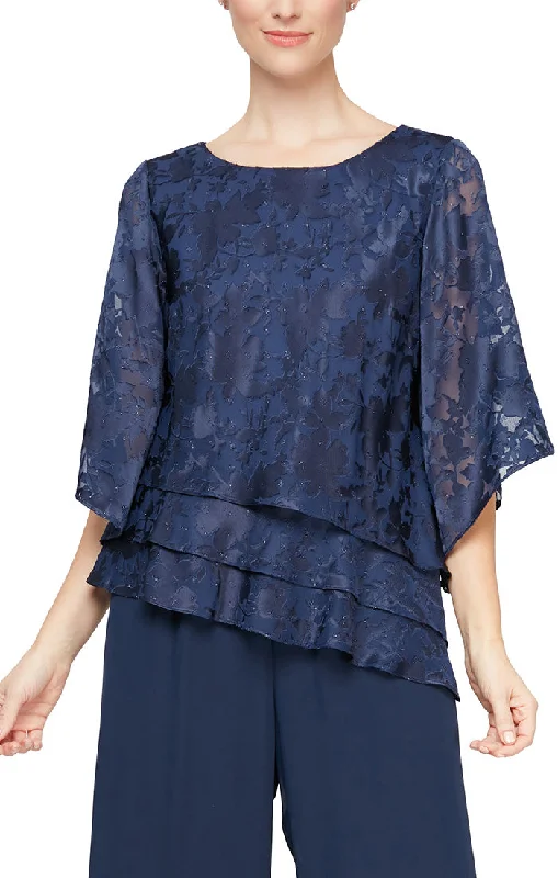 Alex Evenings Boat Neck 3/4 Sleeve Multi Print Asymmetrical Triple Tier Hem Burnout Chiffon Top ( Petite )